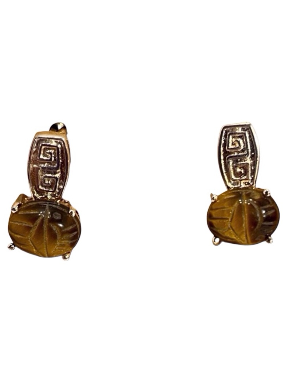 Tiger Eye & Sterling Silver Scarab Post Earrings. 925 marking appear Gold tone.
